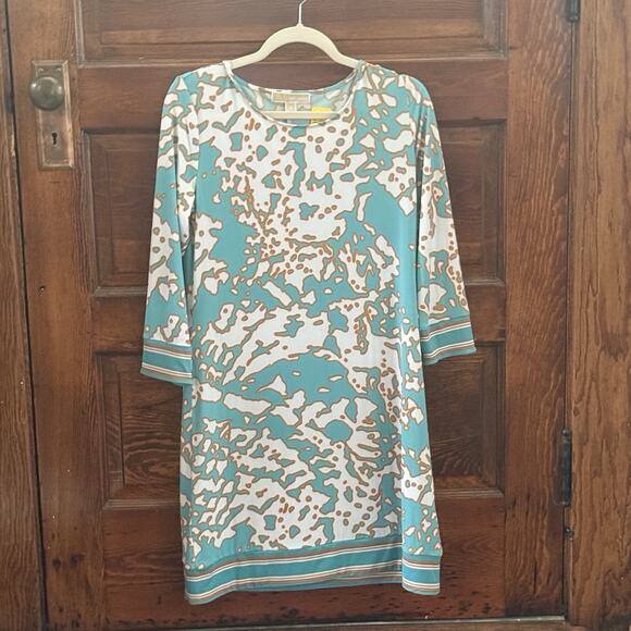 Michael Kors Teal & White Abstract Print 3/4 Sleeve Shift Tunic Resort Size M - Picture 1 of 3